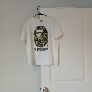 Bape White and Green Short Sleeve Tee with Graphic Design